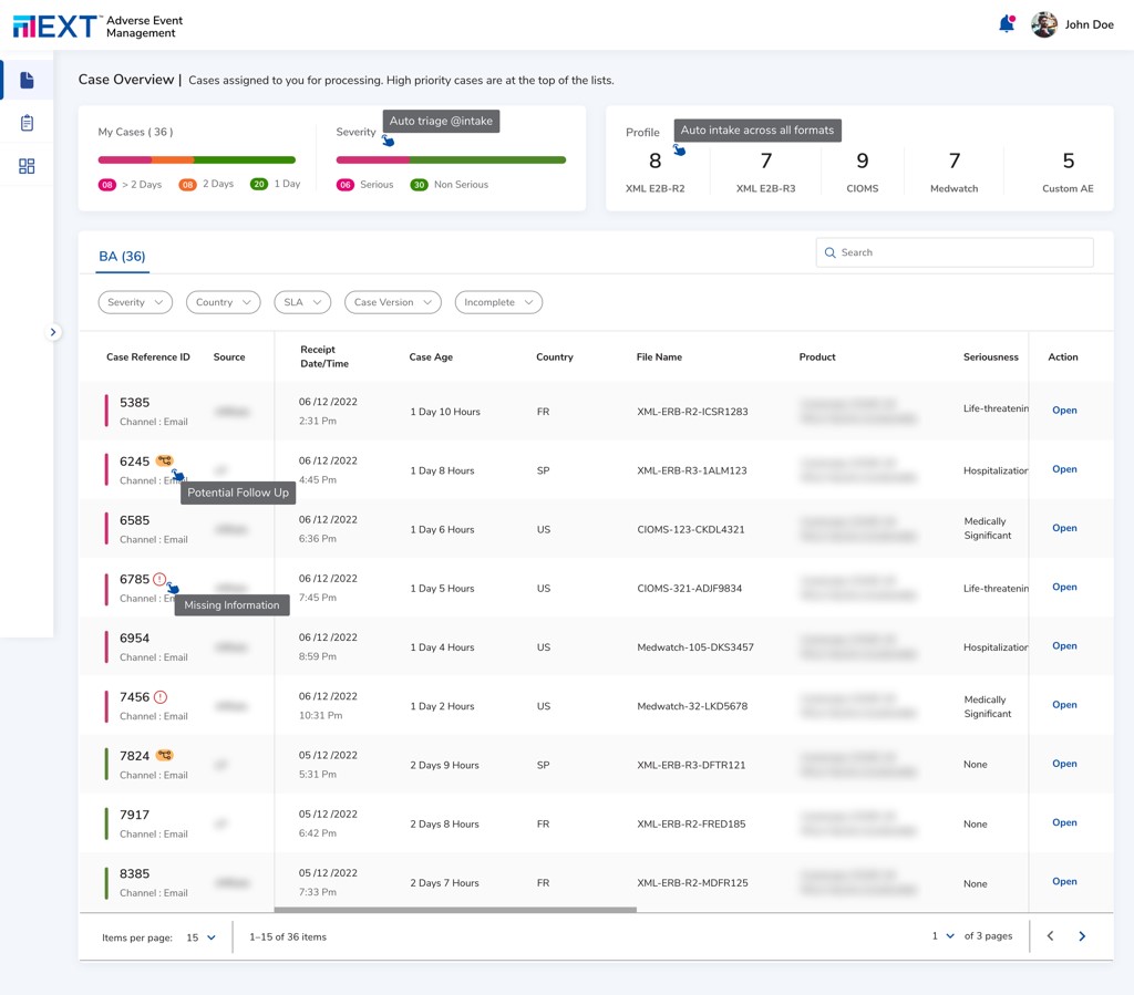 Indegene's NEXT adverse events management platform dashboard